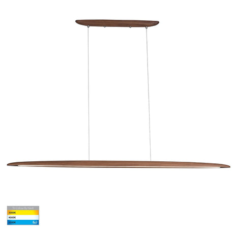 Wooden and ambient lighting from Havit HV6012T linear pendant at dusk in living space pendant light fixture on a white background.