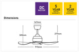 Diagram of a Compact 92cm ceiling fan with DC motor by Mercator with dimensions and warranty information on a white background