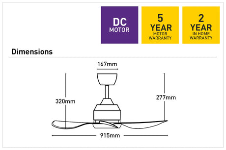 Diagram of a Compact 92cm ceiling fan with DC motor by Mercator with dimensions and warranty information on a white background