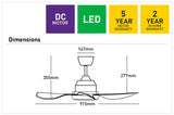 Technical diagram of a Compact ceiling fan with integrated LED and remote with dimensions and warranty information.