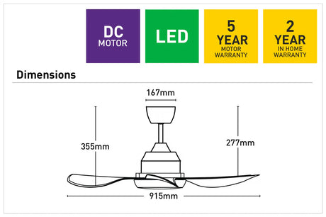 Technical diagram of a Compact ceiling fan with integrated LED and remote with dimensions and warranty information.