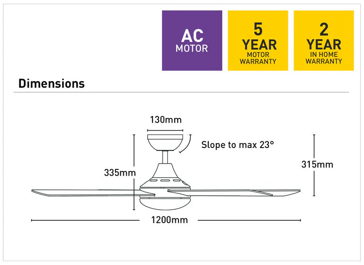 Technical diagram of a 120cm three-blade ceiling fan from Mercator with dimensions and warranty information.