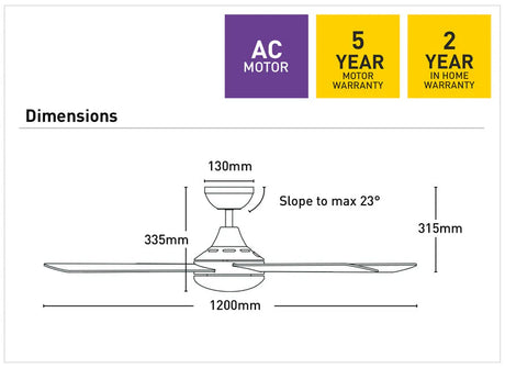 Technical diagram of a 120cm three-blade ceiling fan from Mercator with dimensions and warranty information.