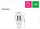 Diagram of a Energy-efficient 7.5W B22 filament LED globe with dimensions and 'Dimmable' and 'LED' indicators.