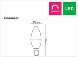 Diagram of a Cool Daylight White B15 LED Candle Bulb – Mercator with dimensions and 'Dimmable' and 'LED' indicators.