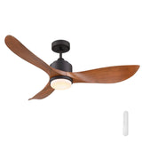 Ceiling fan with wooden blades and black frame on a white background