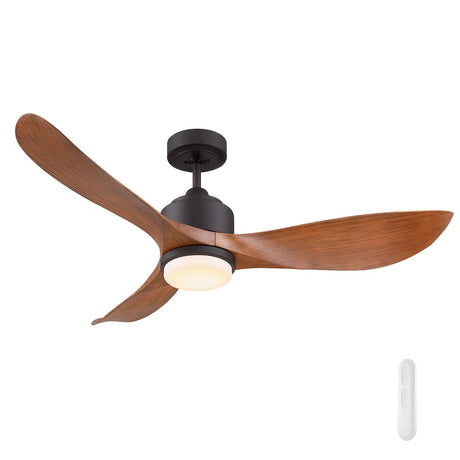 Ceiling fan with wooden blades and black frame on a white background