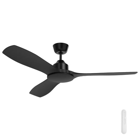 Black ceiling fan with remote control on a white background