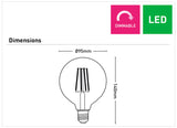 Diagram of a Vintage filament LED globe for home lighting with dimensions and 'Dimmable' and 'LED' indicators.