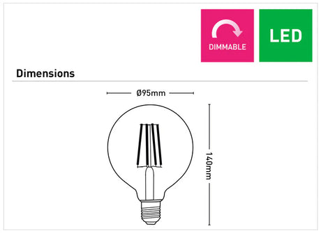 Diagram of a Vintage filament LED globe for home lighting with dimensions and 'Dimmable' and 'LED' indicators.