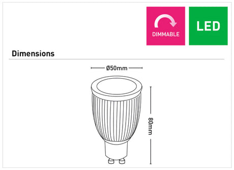 Diagram of a Energy-Efficient GU10 LED Spotlight – 3000K Warm Light with dimensions and 'Dimmable' and 'LED' indicators.