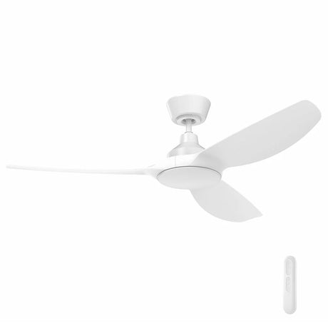 White ceiling fan with remote control on a white background