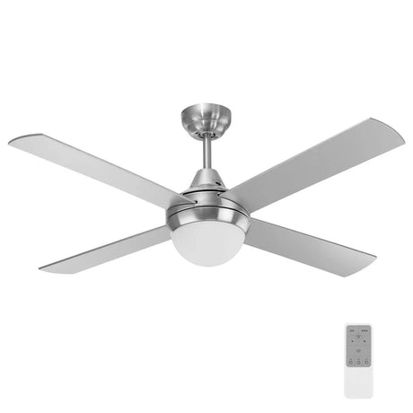 Modern ceiling fan with integrated LED light and remote on a white background