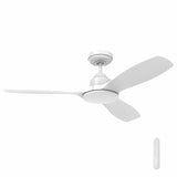 White Energy-efficient Raptor S ceiling fan with quiet DC motor and remote control on a white background