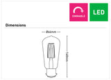 Diagram of an LED light bulb Warm white 2700K LED bulb with B22 bayonet cap with dimensions and 'Dimmable' and 'LED' indicators.
