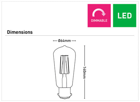 Diagram of an LED light bulb Warm white 2700K LED bulb with B22 bayonet cap with dimensions and 'Dimmable' and 'LED' indicators.