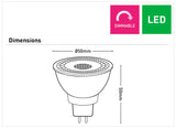 Diagram of a Dimmable MR16 LED globe with 36-degree beam angle with dimensions and 'Dimmable' and 'LED' indicators.