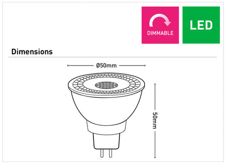 Diagram of a Dimmable MR16 LED globe with 36-degree beam angle with dimensions and 'Dimmable' and 'LED' indicators.