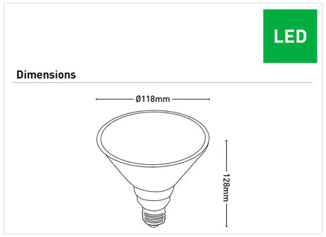 Diagram of a PAR38 LED spotlight bulb with daylight colour – E27 base with dimensions labeled