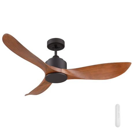 Energy-efficient DC ceiling fan from Mercator with wooden blades and black finish on a white background