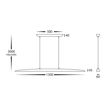 Walnut timber linear pendant light 1300mm adjustable cable for dining or kitchen technical drawing with dimensions.
