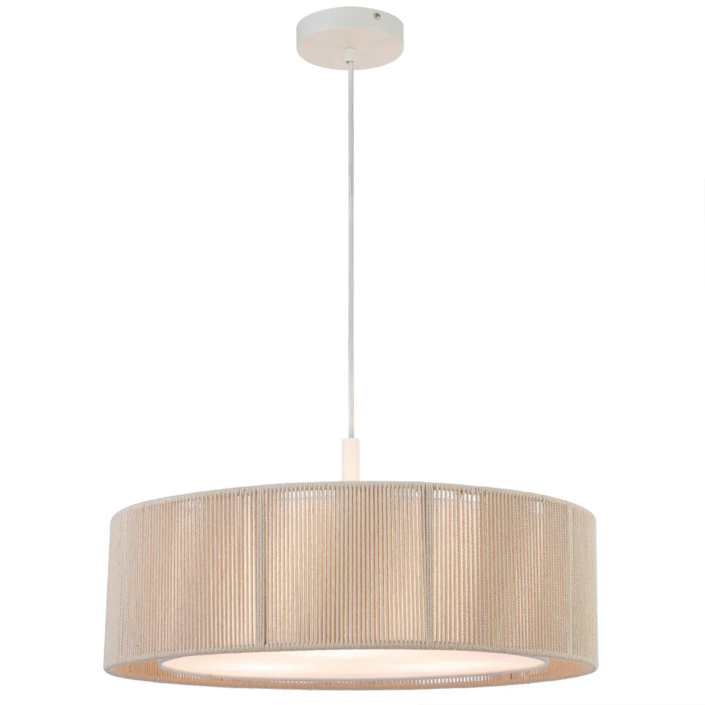 Beige pendant light with a white ceiling fixture on a white background