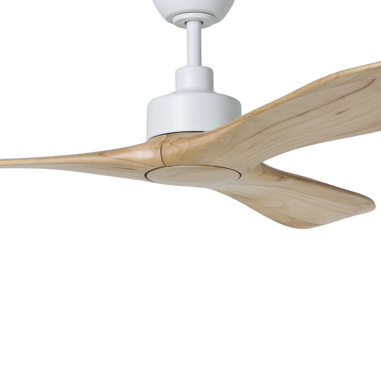 Energy-efficient Eglo Currumbin ceiling fan with quiet DC motor with wooden blades on a white background