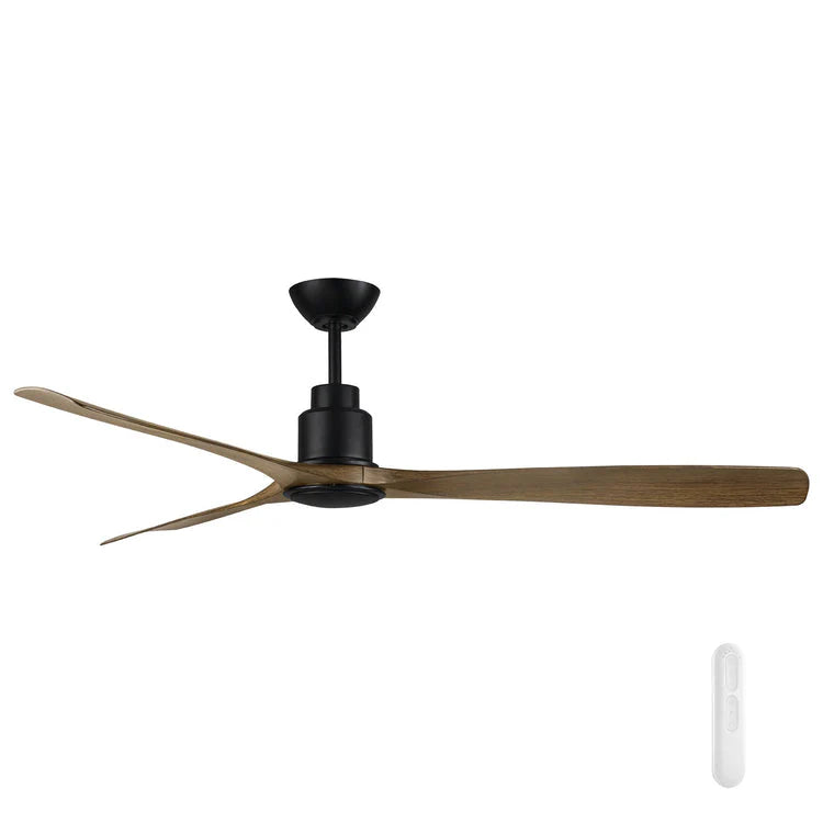 Stylish and powerful DC ceiling fan by Mercator with wooden blades and black finish on a white background