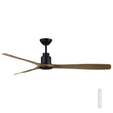 Stylish and powerful DC ceiling fan by Mercator with wooden blades and black finish on a white background