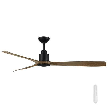Stylish and powerful DC ceiling fan by Mercator with wooden blades and black finish on a white background