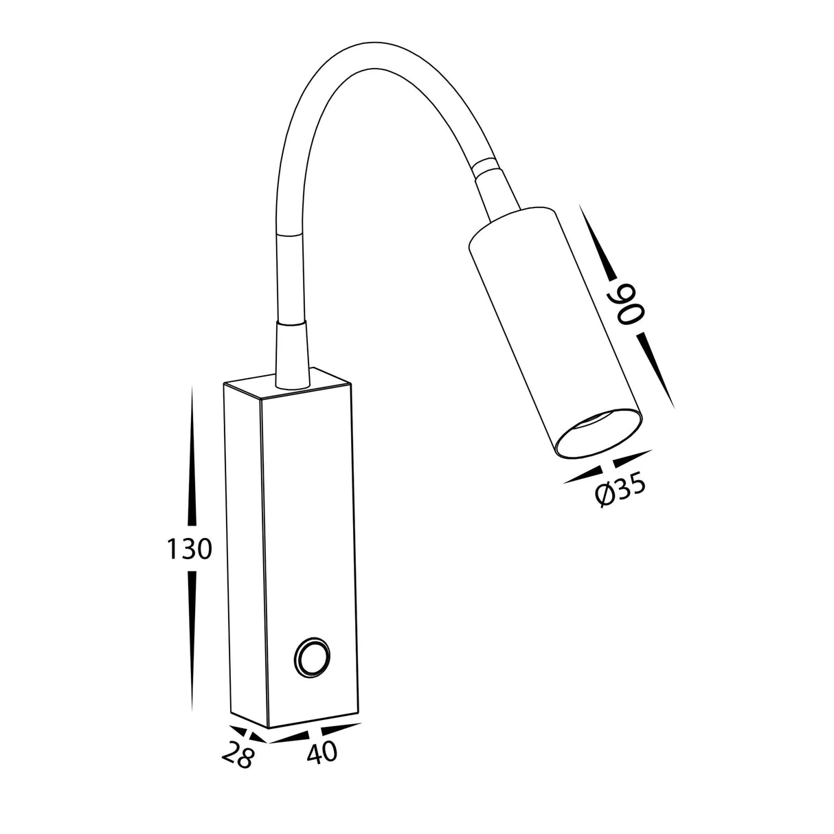 Technical drawing of a Havit HV3687T Lesen Wall Light In White With Flexible Arm with dimensions