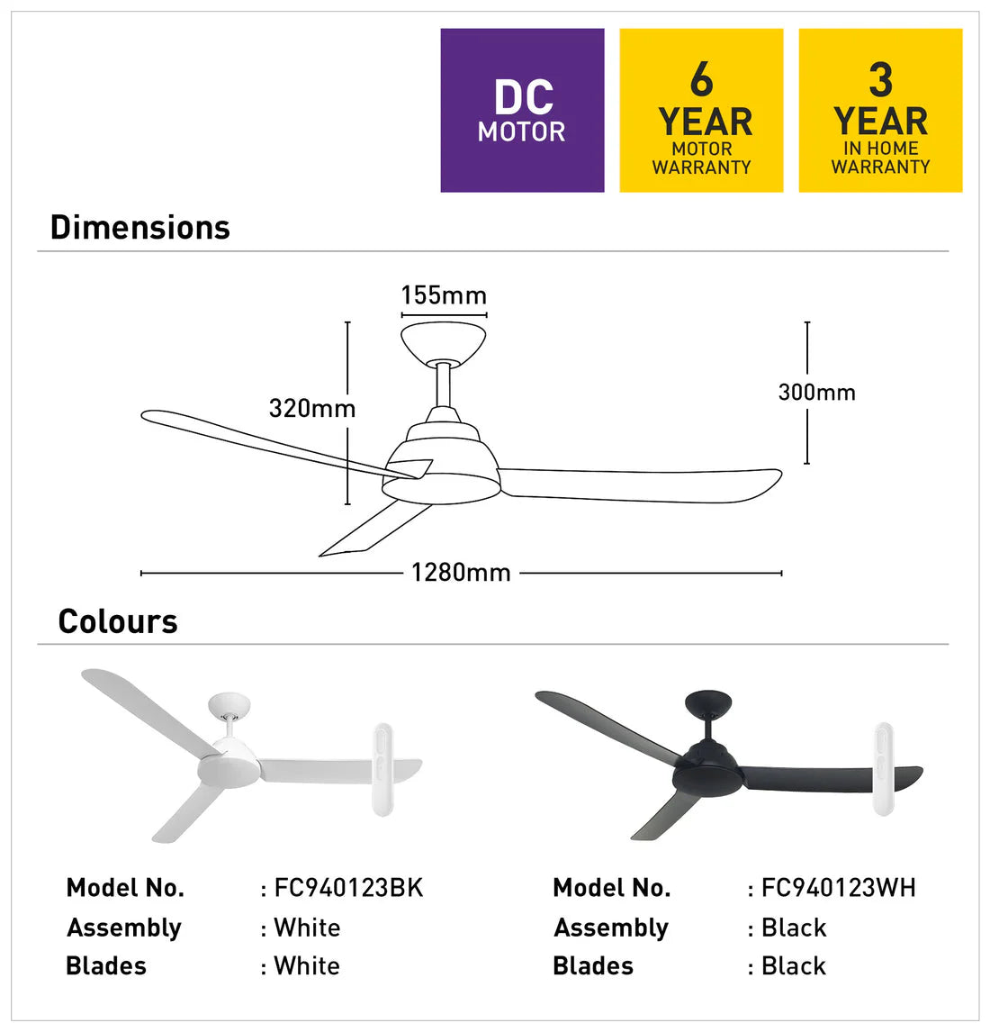 Mercator Brooke fan featuring quiet DC motor and modern styling dimensions and color options with warranty information on a white background