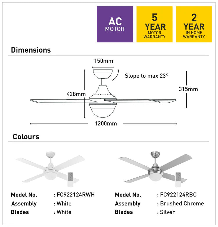 Mercator Lonsdale fan with quiet AC motor and LED light with warranty information on a white background