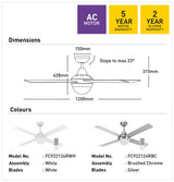 Mercator Lonsdale fan with quiet AC motor and LED light with warranty information on a white background