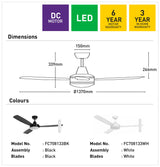Energy-efficient Mercator ceiling fan with DC motor and LED lighting dimensions and color options with warranty information on a white background