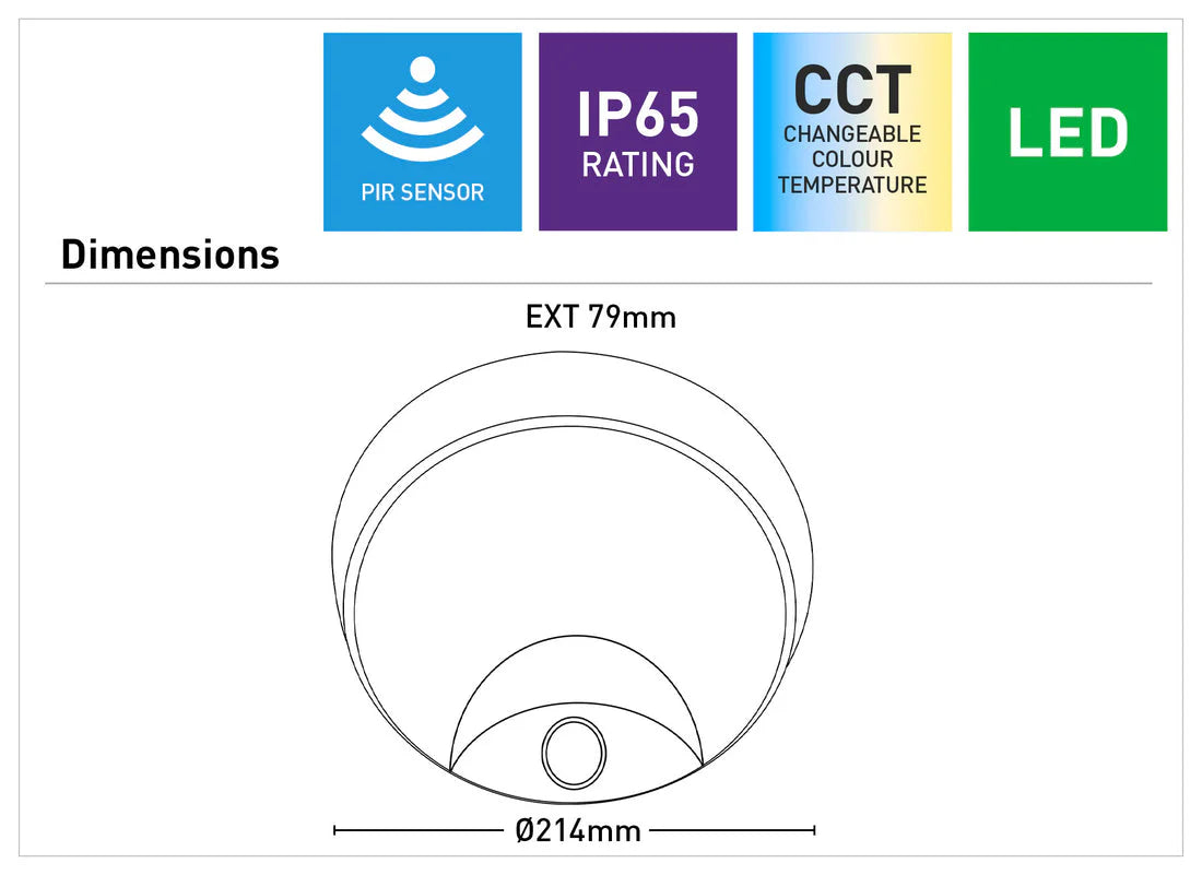 Technical diagram of a Energy-efficient CCT LED bunker light for outdoor use with dimensions and feature icons on a white background