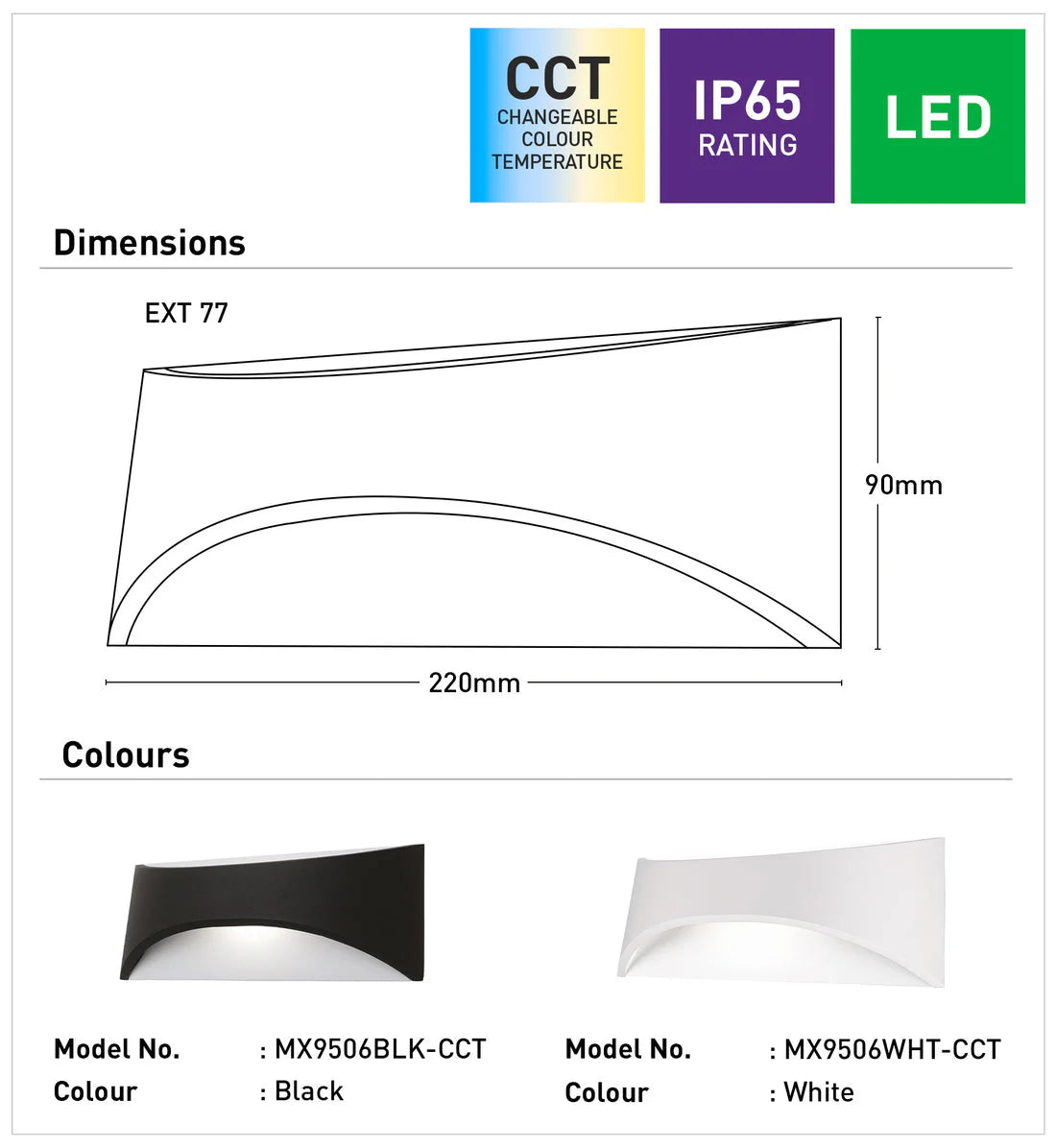 Technical specifications and dimensions of a Contemporary Mercator Wells LED wall light in black and white
 finish with color options.