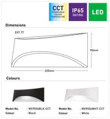 Technical specifications and dimensions of a Contemporary Mercator Wells LED wall light in black and white
 finish with color options.