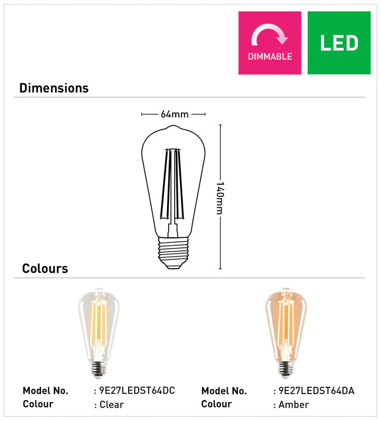 Vintage-style 2700K LED globe by Mercator LED light bulb dimensions and color options on a white background