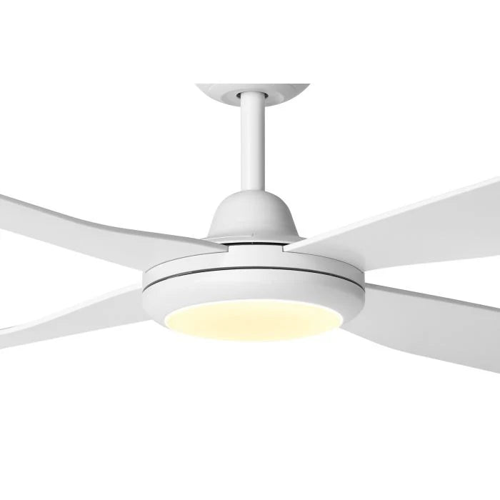 White ceiling fan with light on a white background