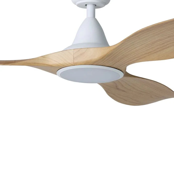 Ceiling fan with wooden blades on a white background