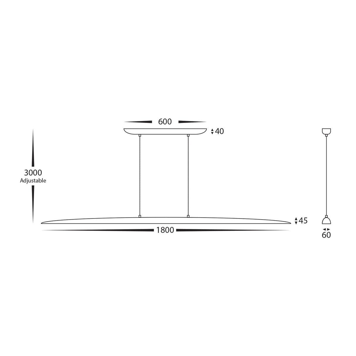 Technical drawing and dimension diagram of 1800mm Havit linear pendant light.