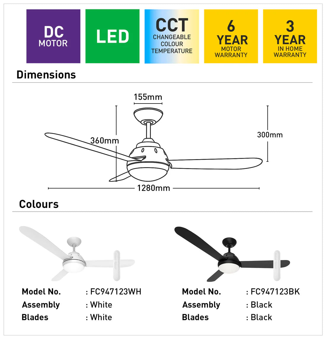 Brooke 3-blade ceiling fan by Mercator featuring LED and quiet DC motor dimensions and color options with brand logos and warranty information.