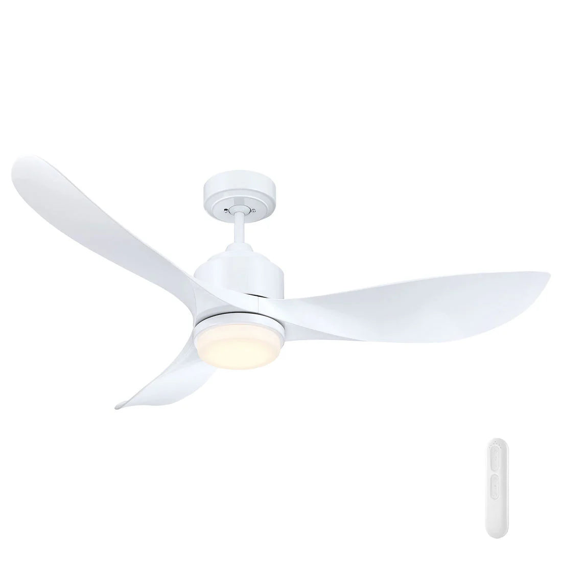 White ceiling fan with light on a white background