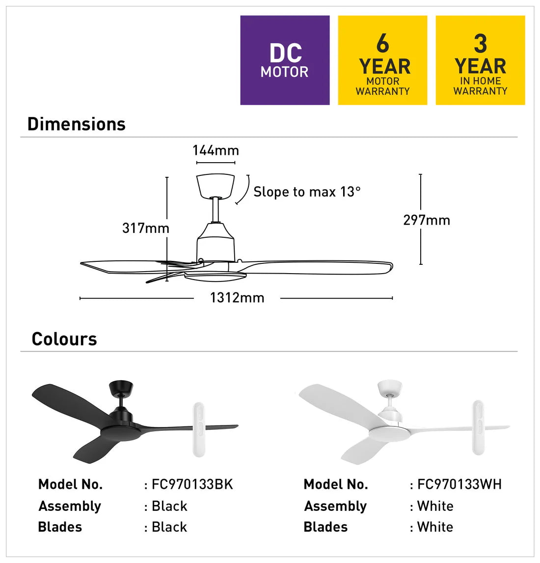 Ceiling fan dimensions and color options with warranty information on a white background