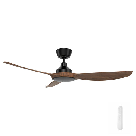 Ceiling fan with wooden blades and black motor housing on a white background