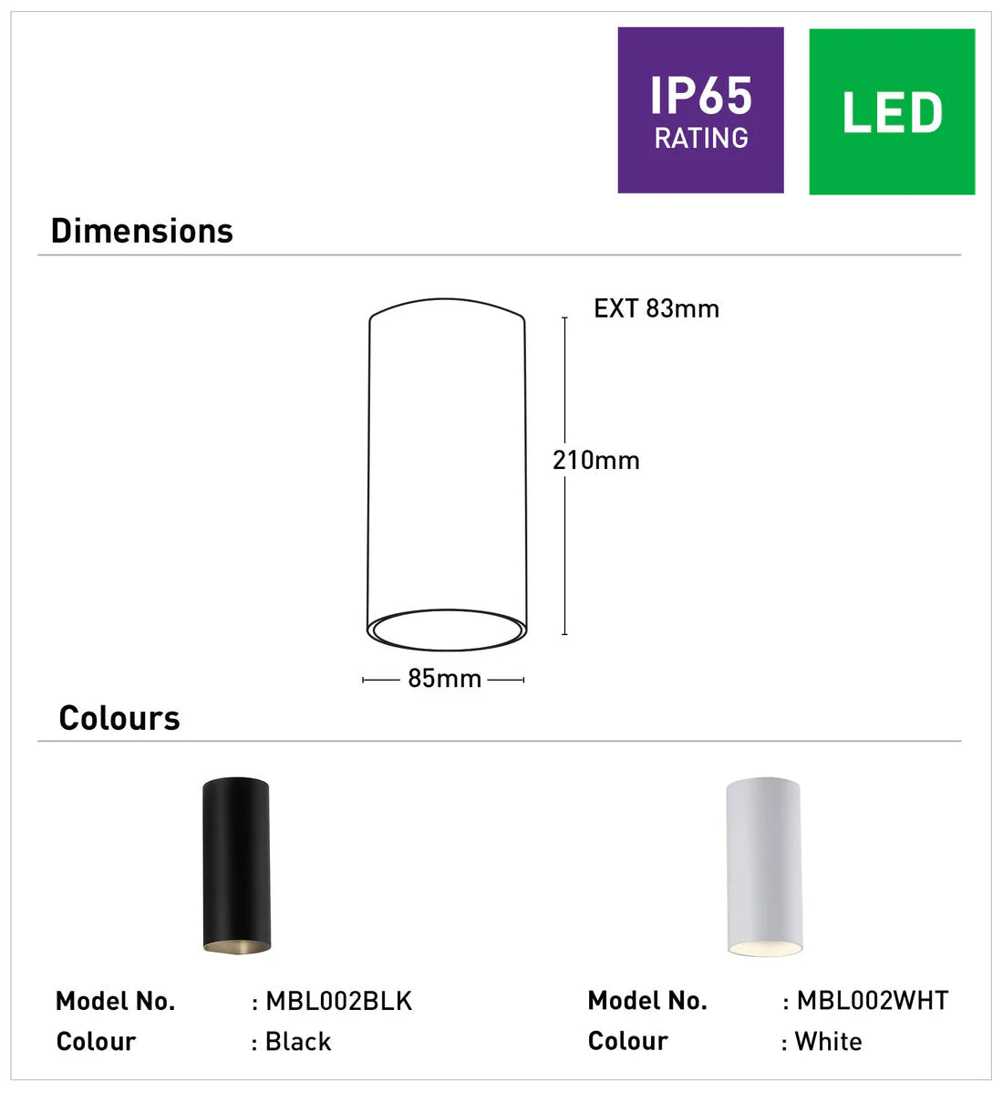 Product dimensions and color options with IP65 rating and LED label on a white background