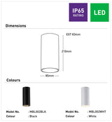Product dimensions and color options with IP65 rating and LED label on a white background