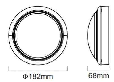 Technical drawing of a Ceiling or wall-mounted round LED bulkhead light