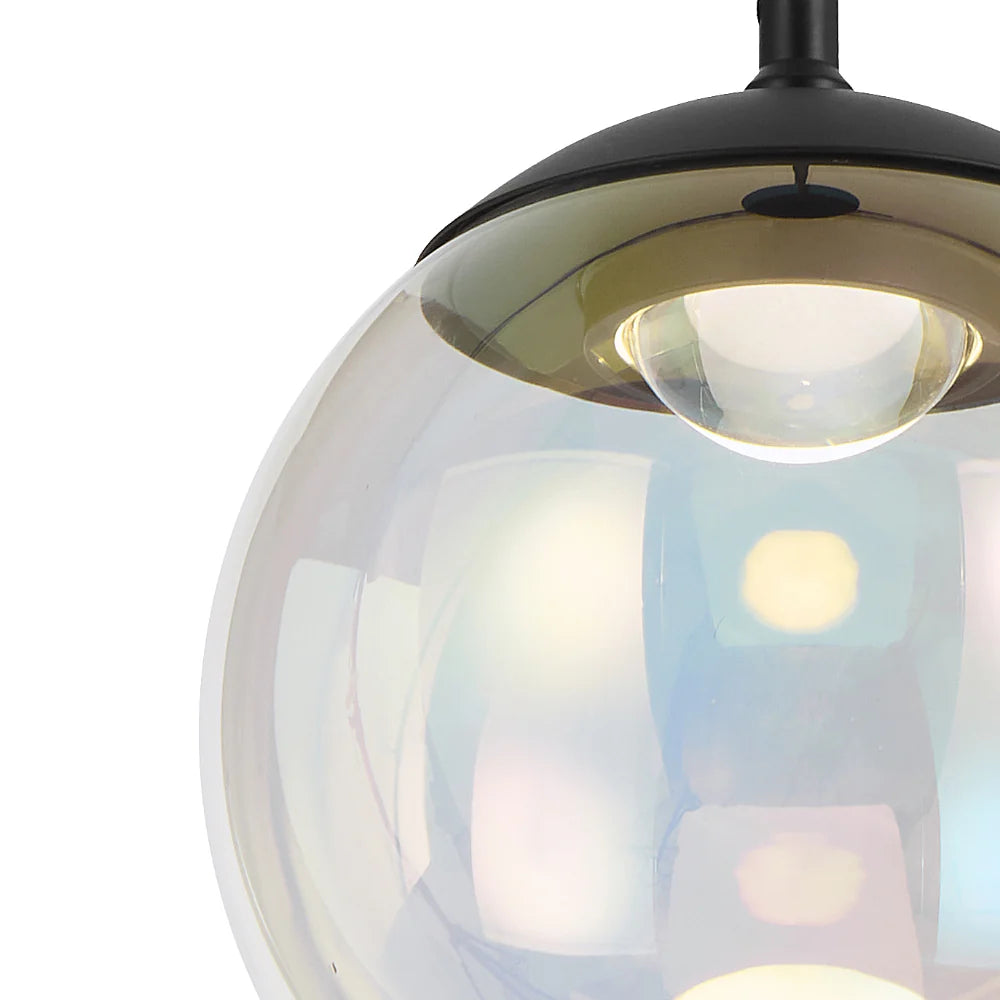 Side profile view of Aurora 20 cm pendant showcasing its sleek black iron base and glass sphere.